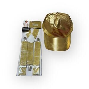 Gold Suspenders & Matching Gold Hat Set – Costume Accessory Bundle – New
